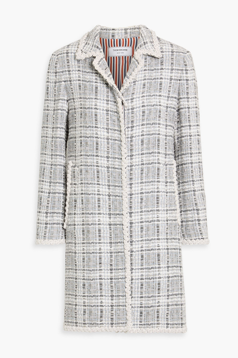 thom browne - faux pearl-embellished checked tweed coat - gray - it 42