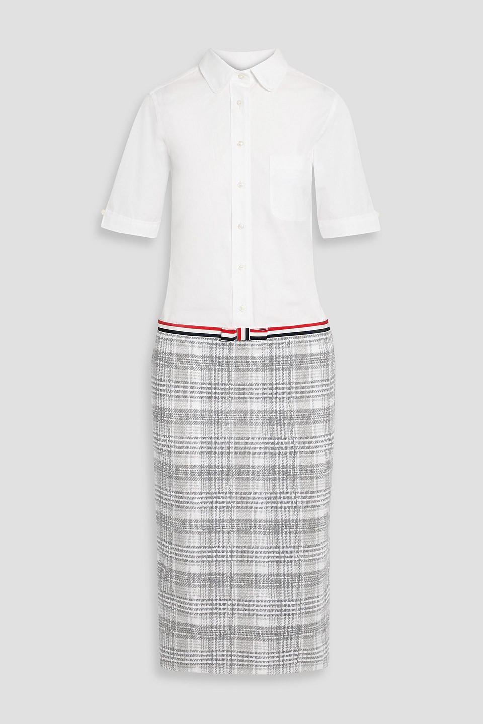 Thom Browne Checked Tweed And Poplin Midi Shirt Dress In White