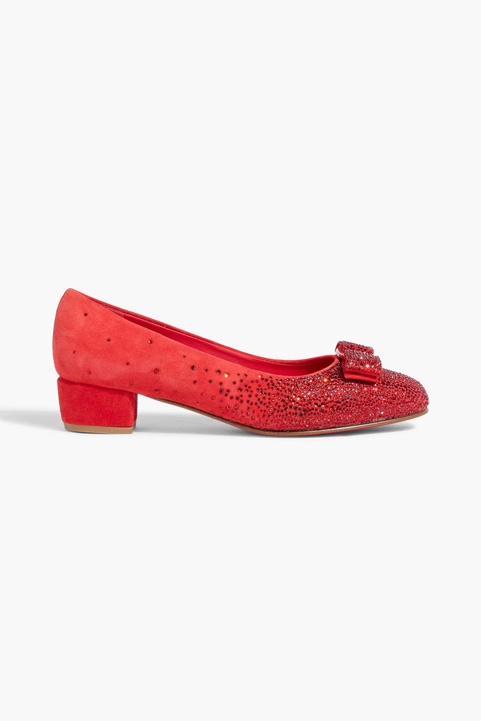 ferragamo - vara crystal-embellished suede pumps - red - us 7