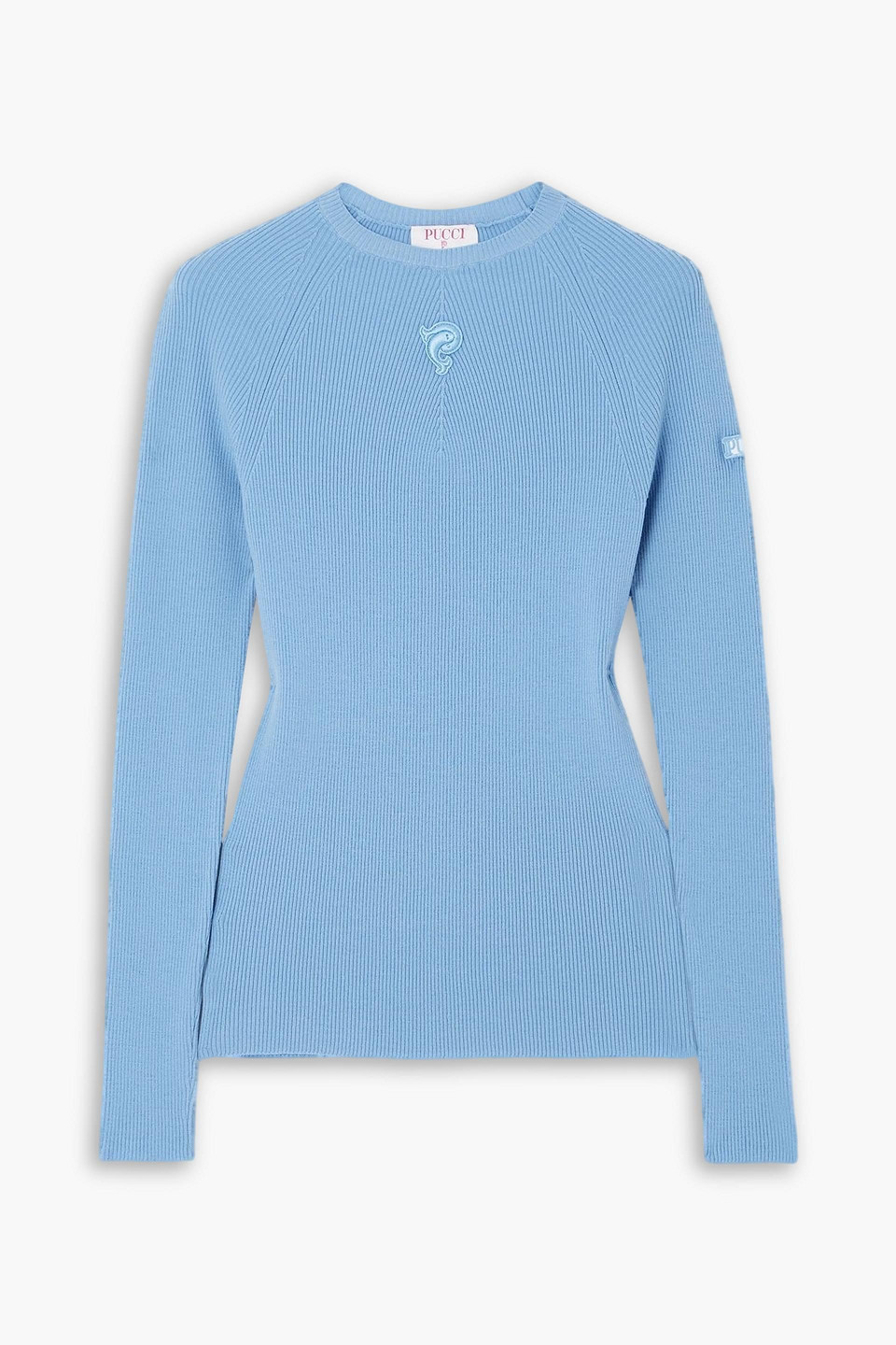 Pucci Appliquéd Ribbed Wool-blend Sweater In Blue