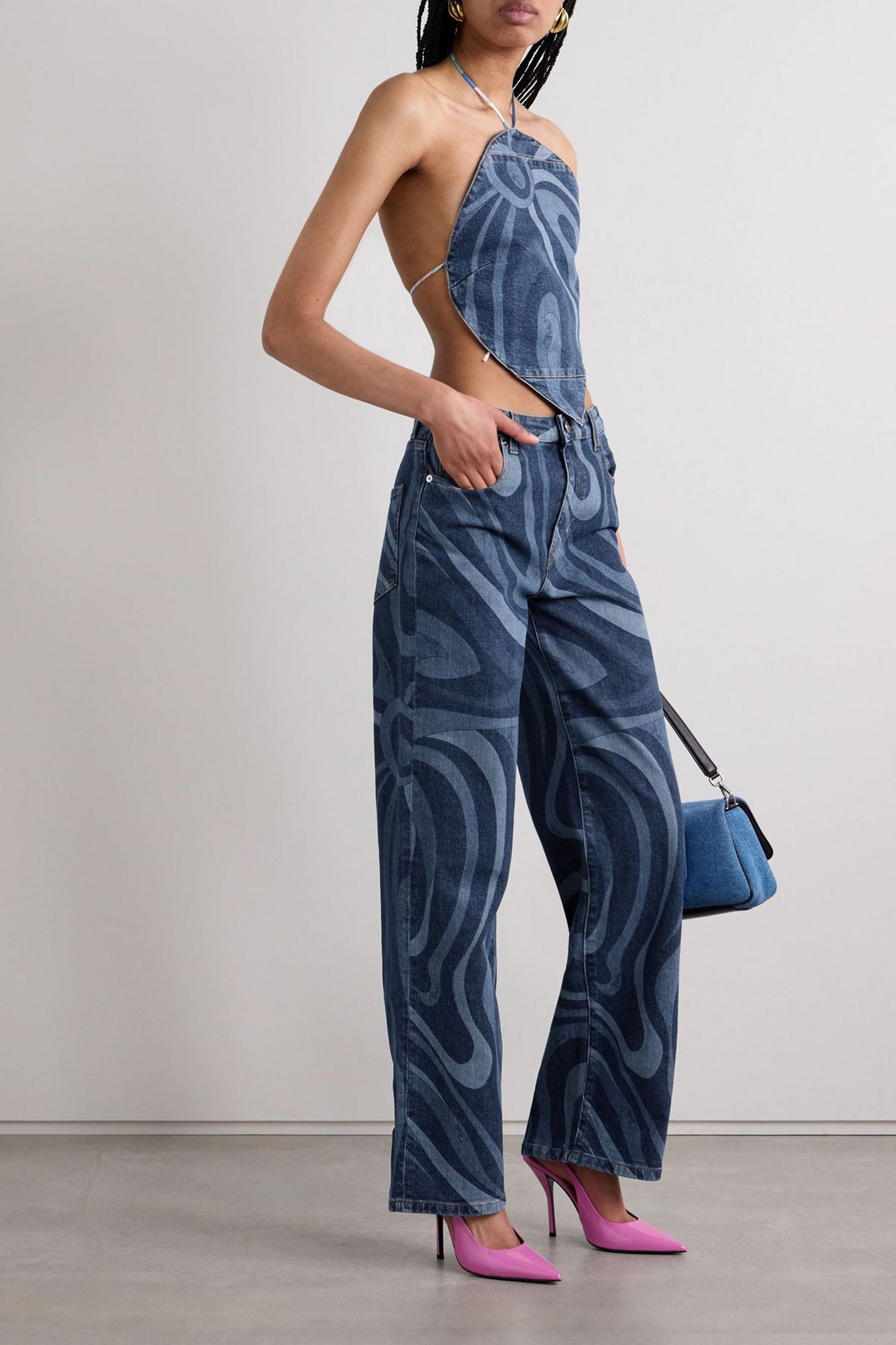 Pucci Cropped printed denim halterneck top