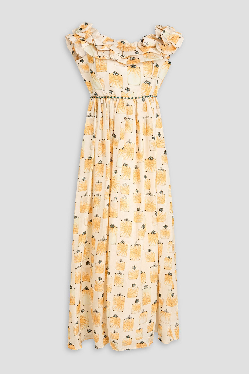 Agua By Agua Bendita Espliego Bisutería Ruffled Floral-print Linen And Silk-blend Satin Maxi Dress In White