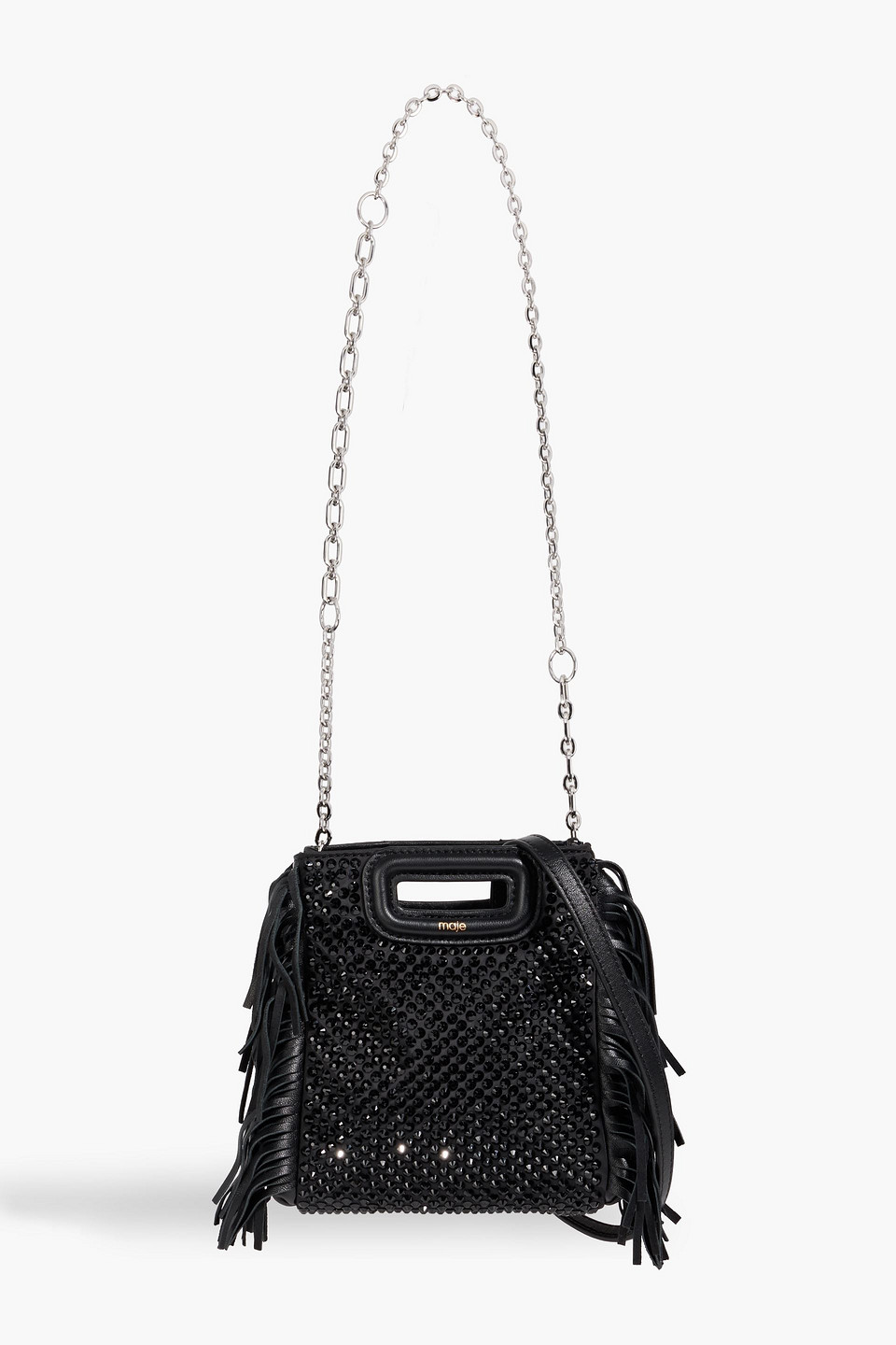 maje - fringed leather-trimmed crystal-embellished shell tote - black - onesize