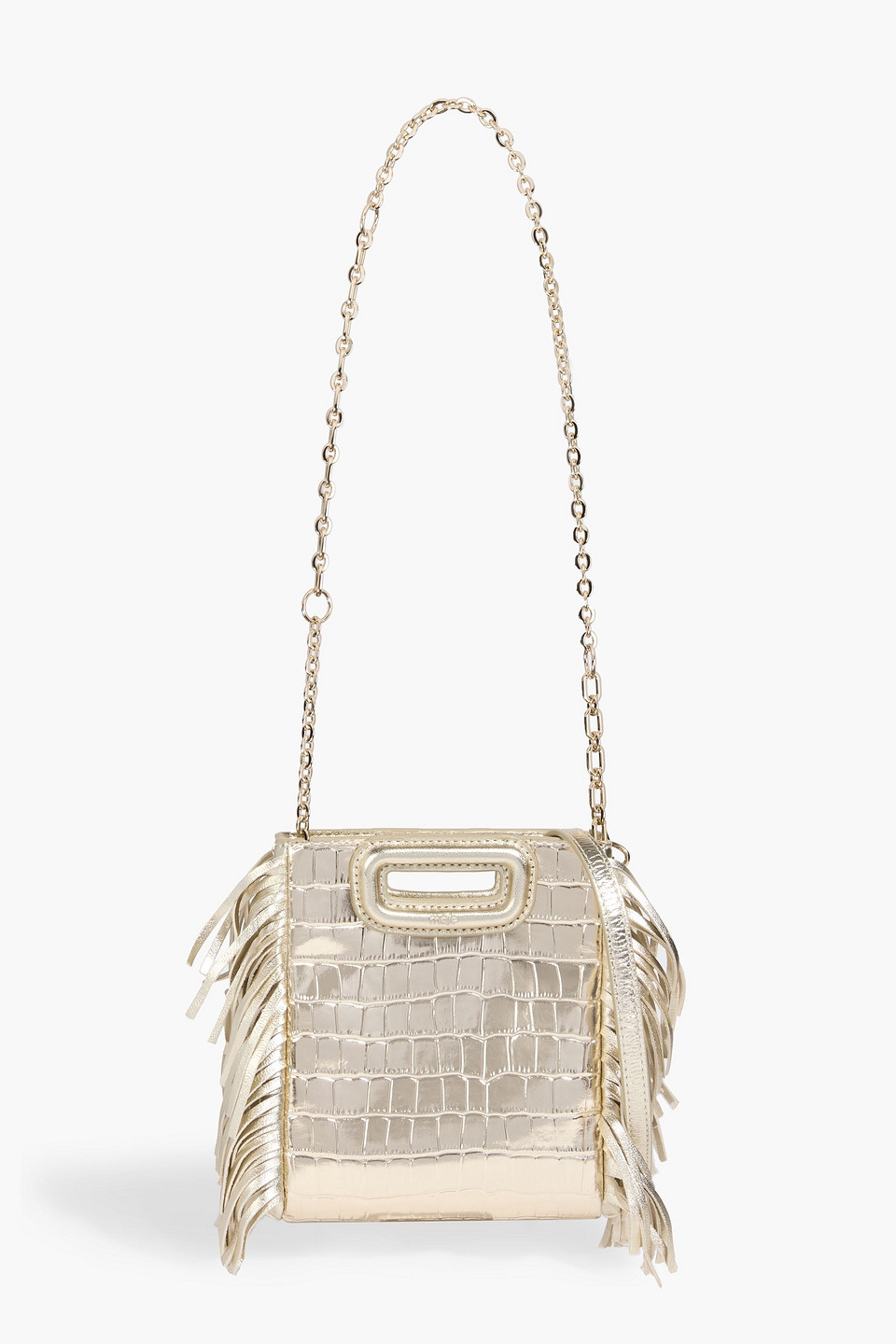 Maje Fringed Metallic Croc-effect Leather Shoulder Bag In Gold