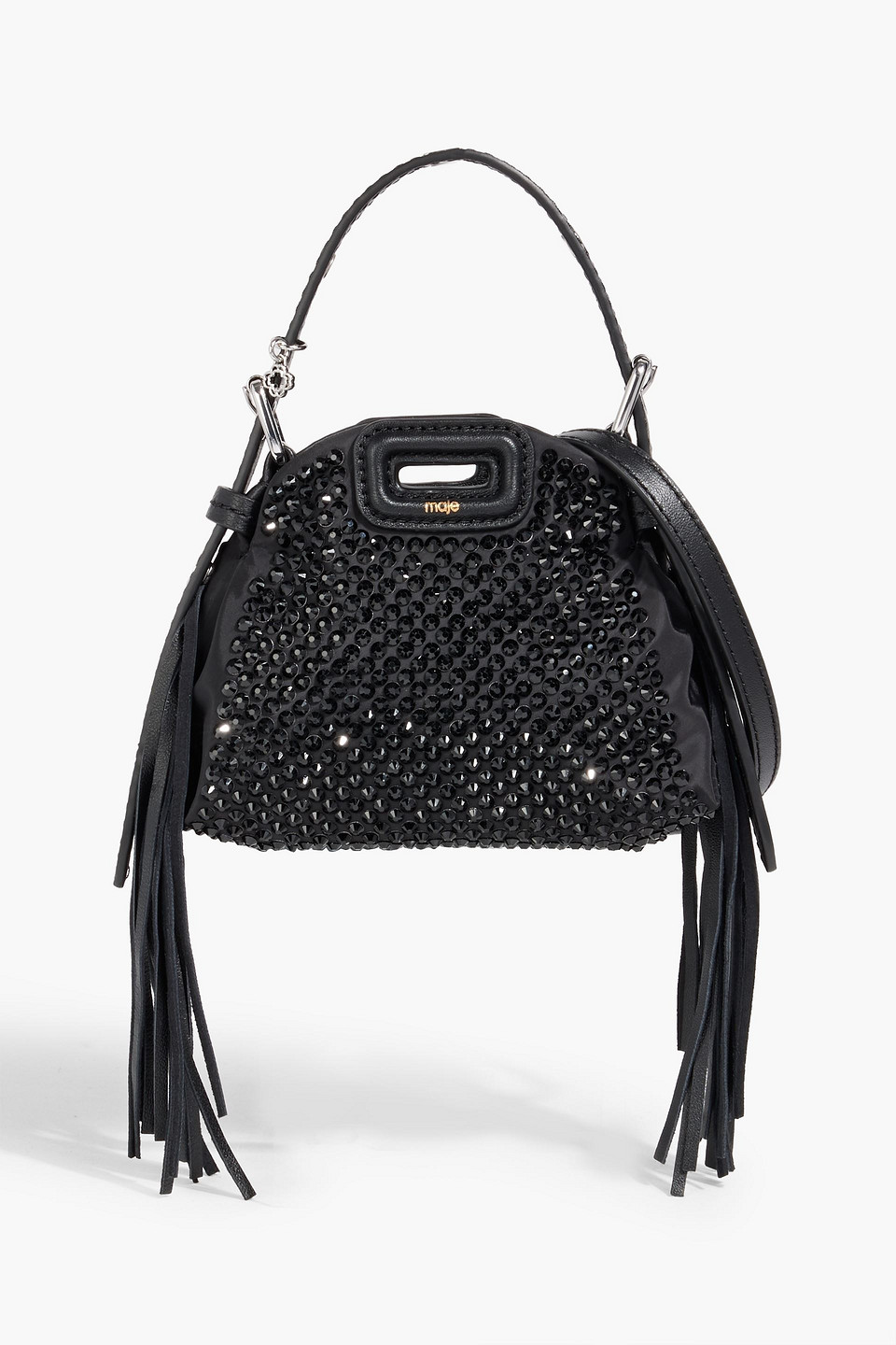 maje - fringed leather-trimmed crystal-embellished shell tote - black - onesize