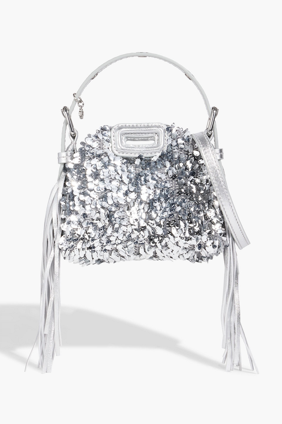 Maje Fringed Leather-trimmed Embellished Chenille Tote In Silver