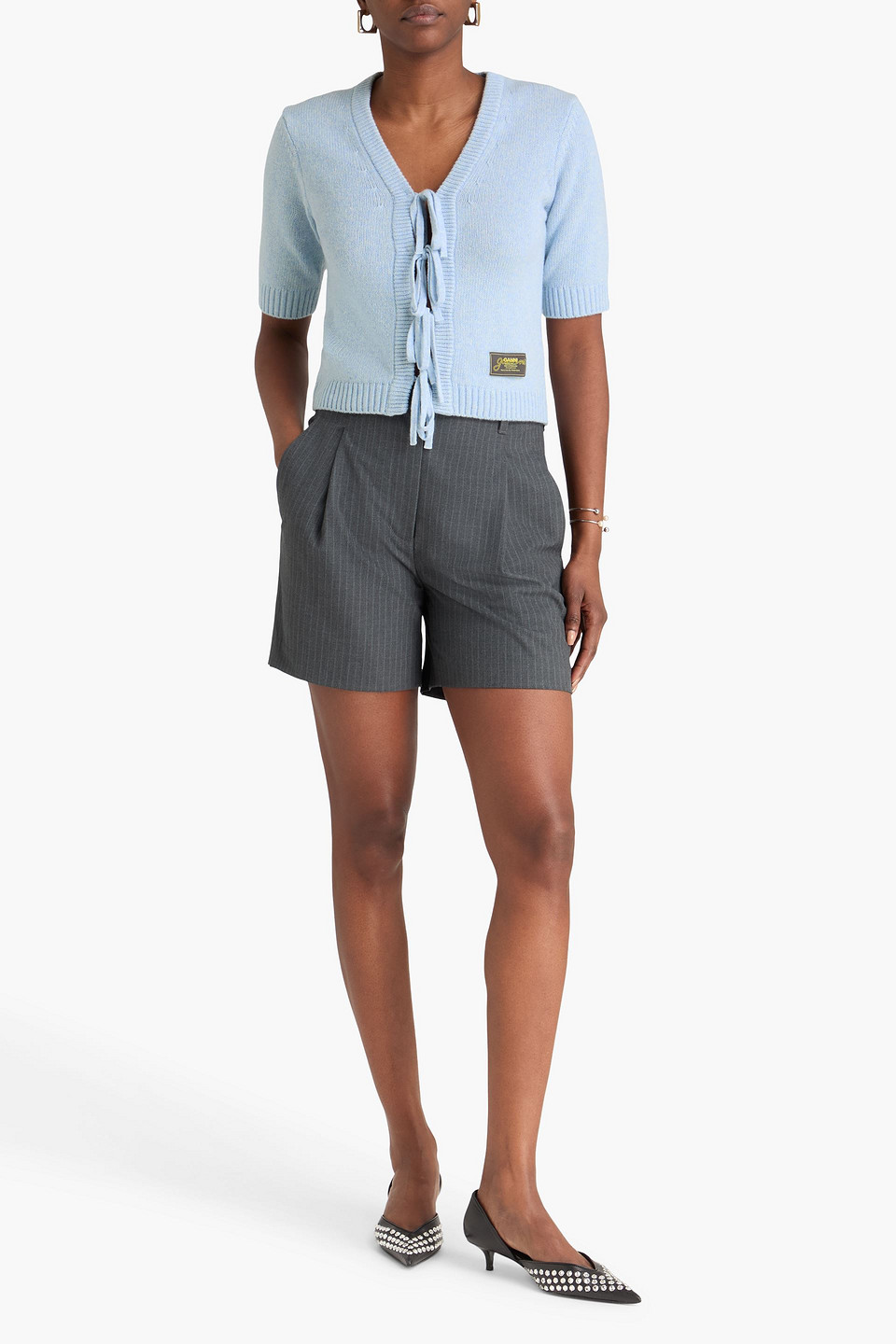  Ganni - Bow-detailed Wool-blend Top - Blue - Xs 