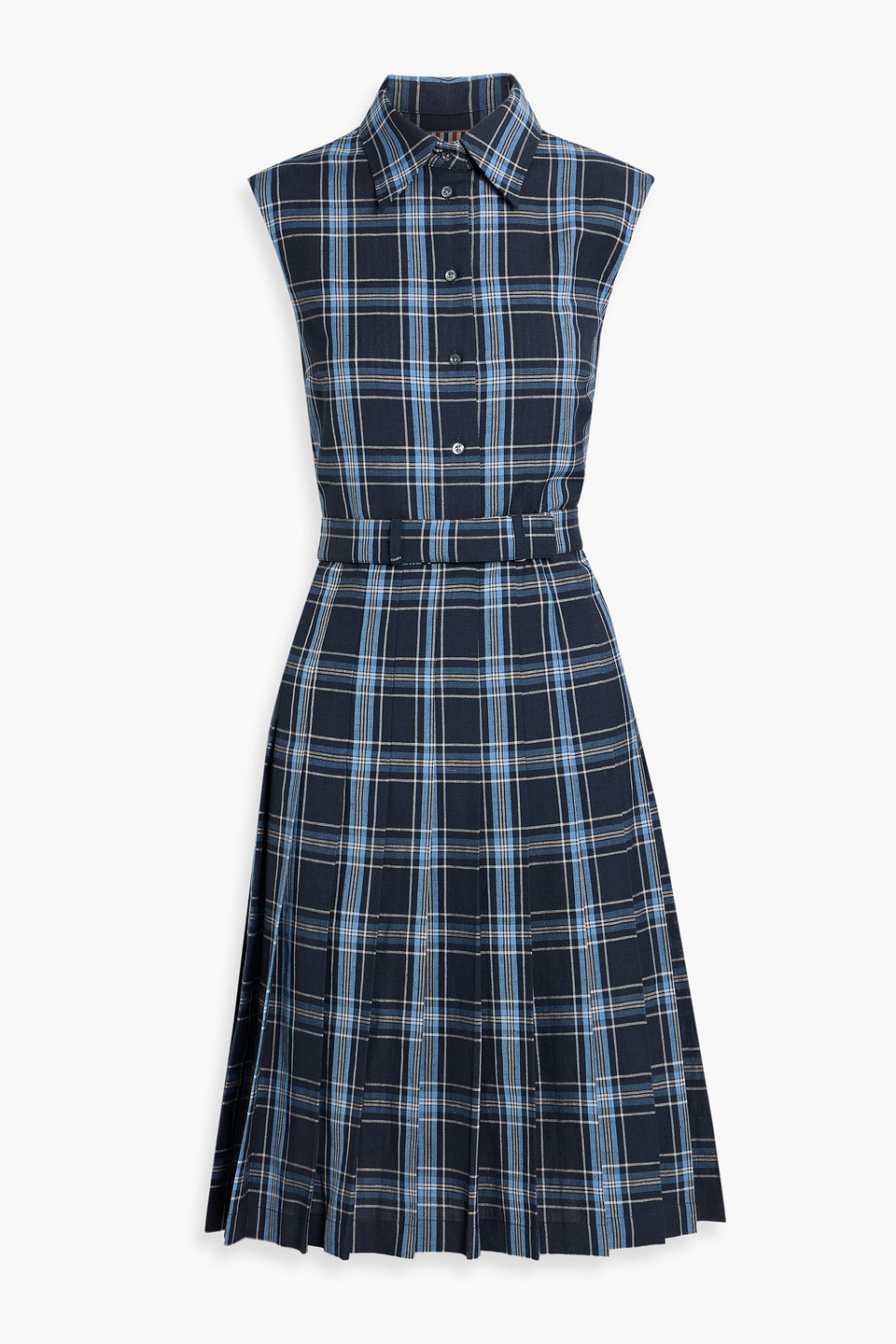 Thom Browne Pleated Checked Wool And Linen-blend Shirt Dress In Blue
