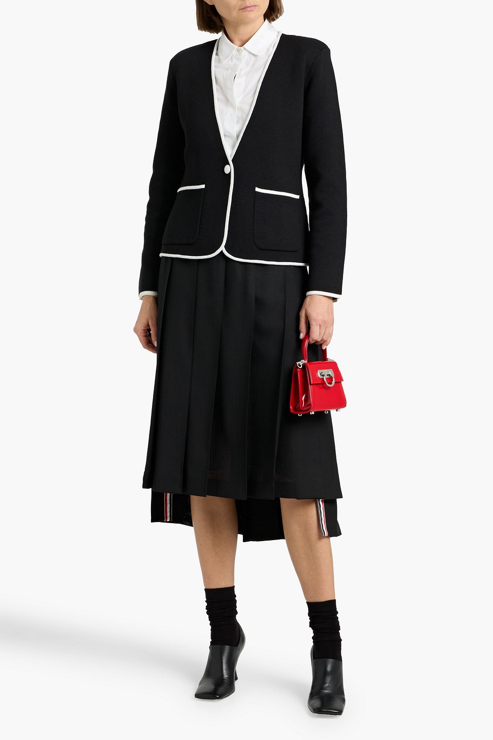Thom Browne Double Face Merino Wool Tipping Collarless Jacket In Black
