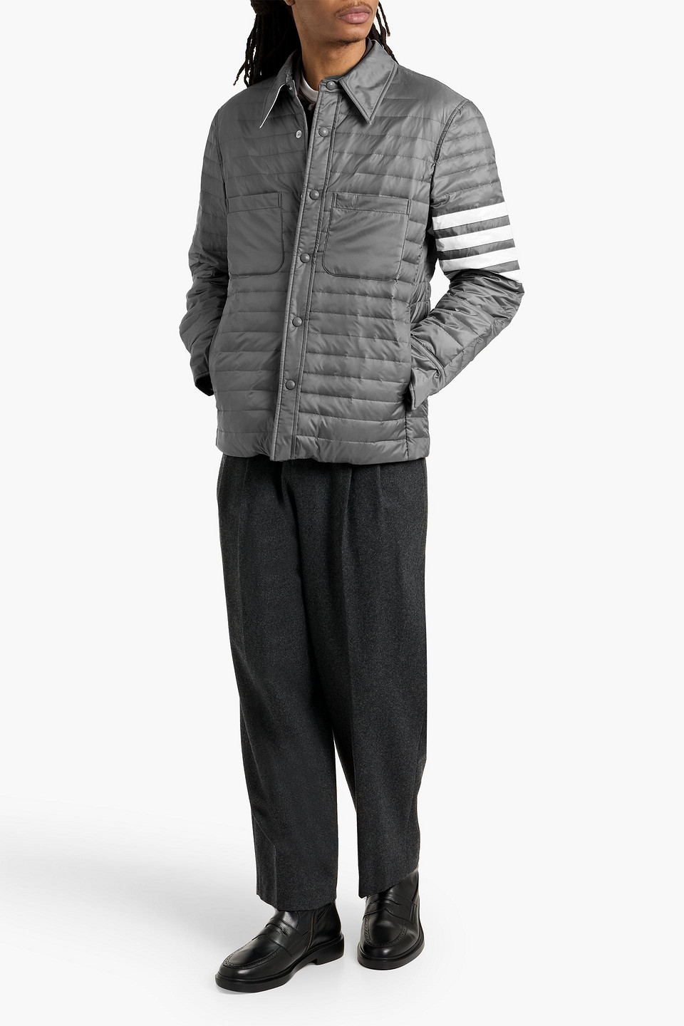 Thom Browne Striped Quilted Shell Down Jacket In Gray