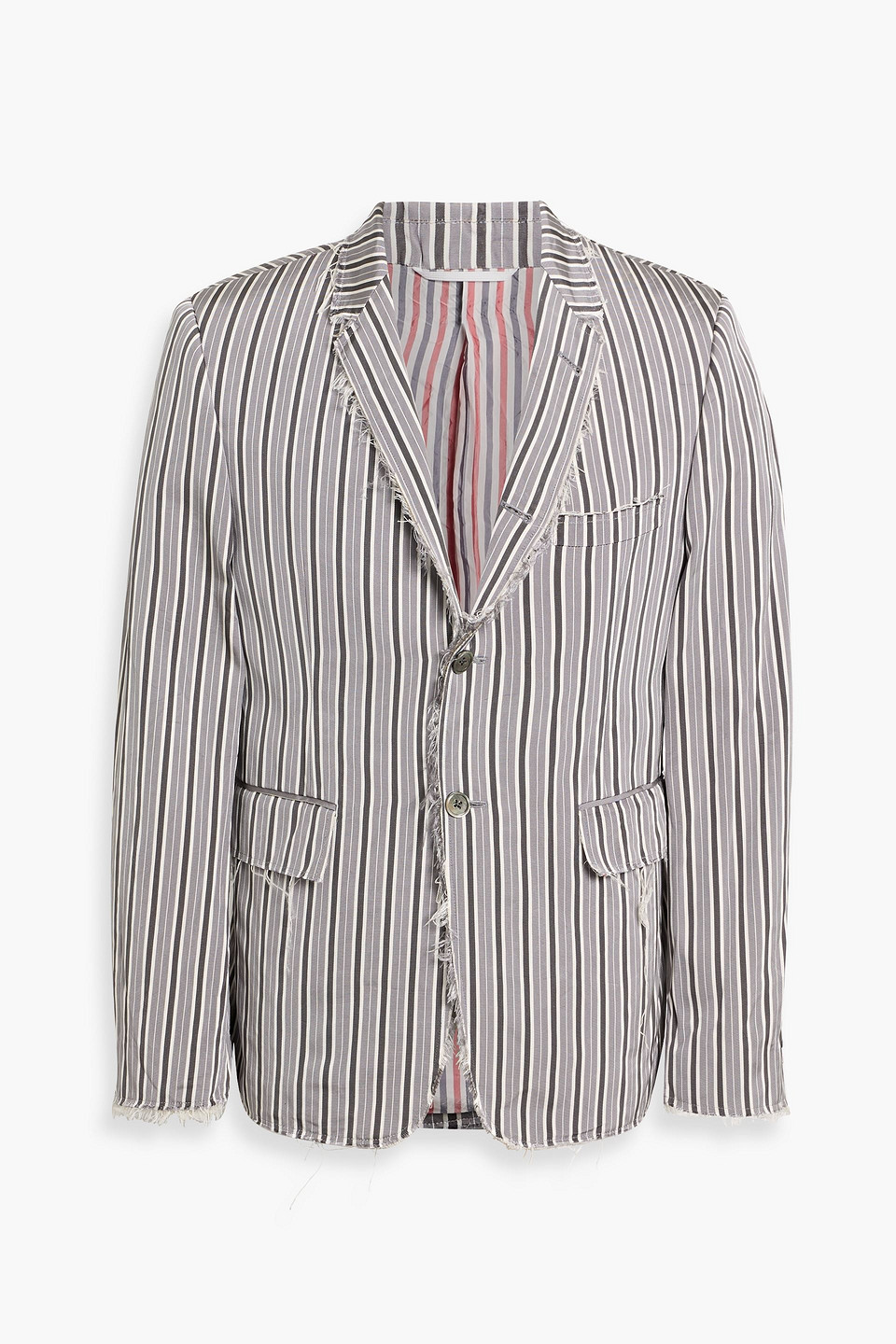 thom browne - frayed striped silk and cotton-blend faille blazer - gray - 1