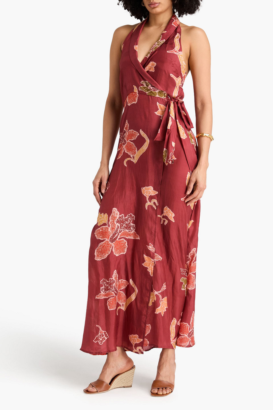  Hannah - Neckholder-maxikleid „marcela“ Aus Crêpe De Chine Aus Seide Mit Floralem Print - Burgunderrot - 00 