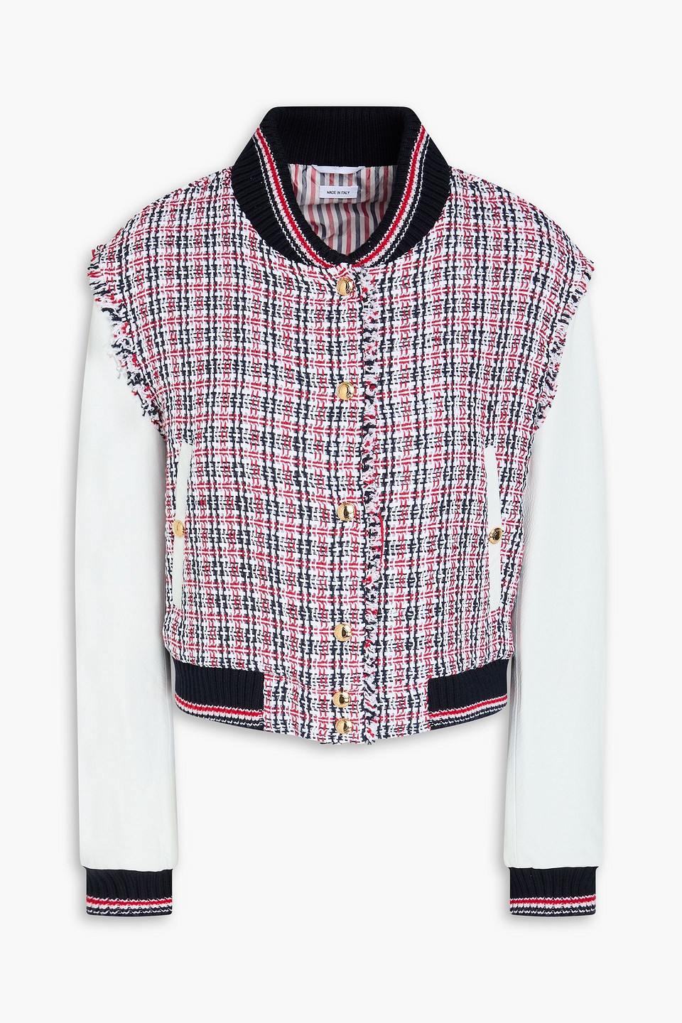 Thom Browne Leather-paneled Checked Cotton-tweed Bomber Jacket In Multi