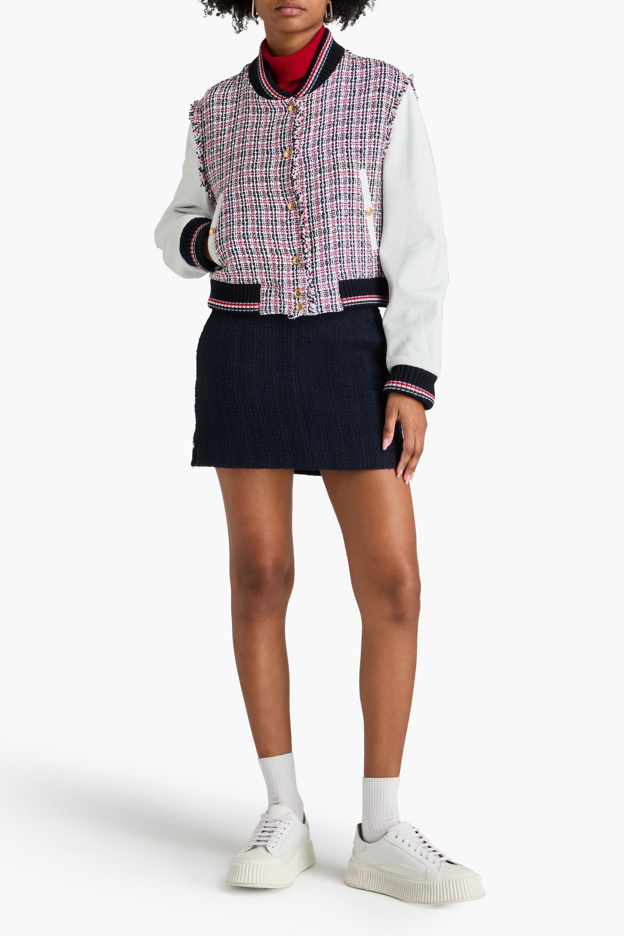 Thom Browne Leather-paneled checked cotton-tweed bomber jacket