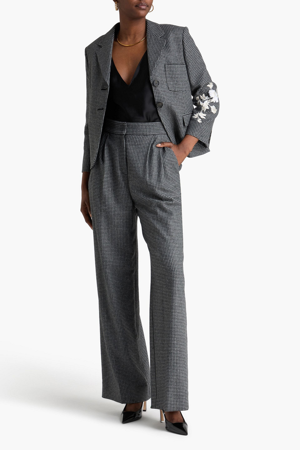  Erdem - Pleated Houndstooth Tweed Wide-leg Pants - Gray - Uk 12 