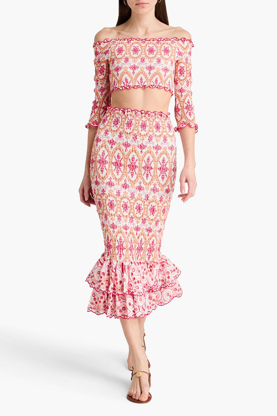  Charo Ruiz Ibiza - Schulterfreies Cropped Oberteil „marga“ Aus Einer Baumwollmischung Mit Lochstickerei - Orange - L 