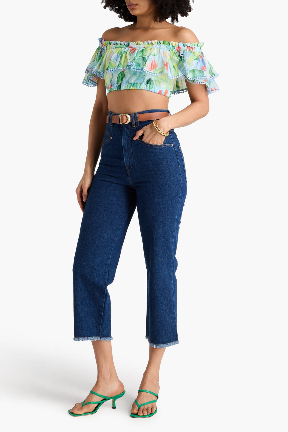  Charo Ruiz Ibiza - Schulterfreies Cropped Oberteil „girona“ Aus Voile Aus Einer Baumwollmischung Mit Print - Grün - Xs 