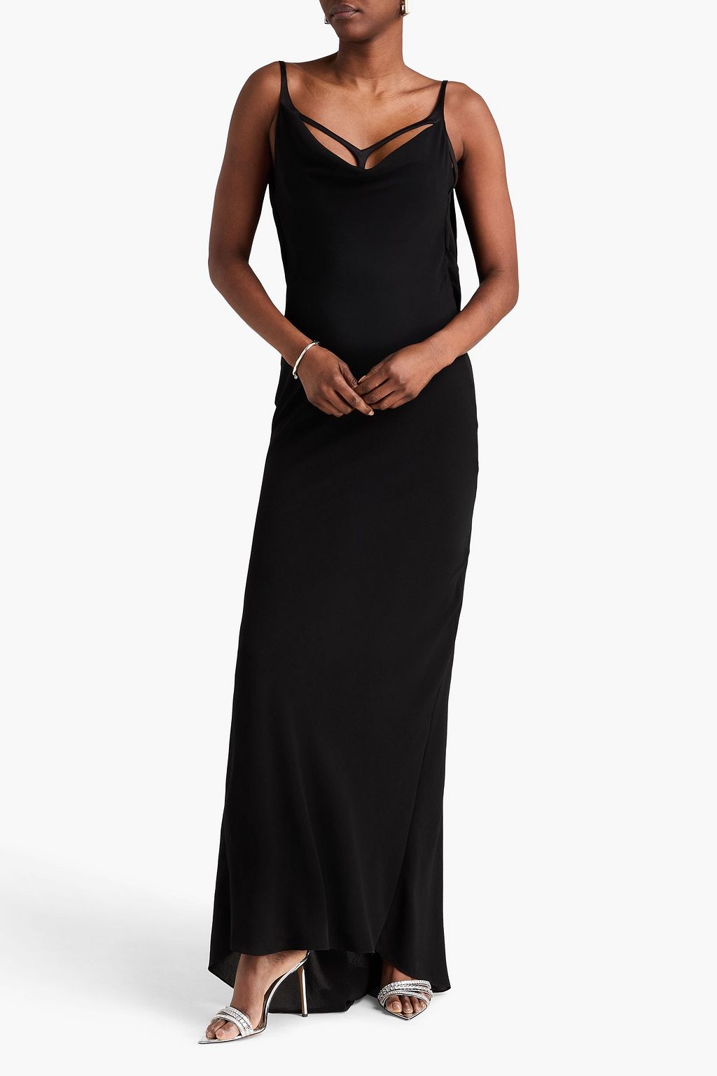 MUGLER Leather-trimmed draped crepe gown | THE OUTNET