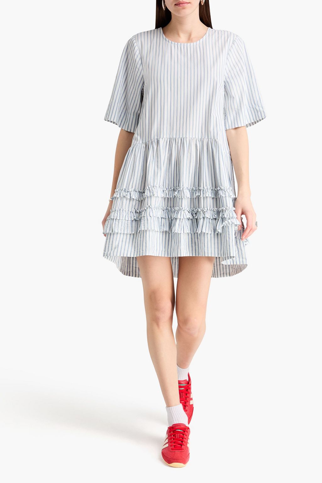 Ruffled striped cotton-poplin mini dress - white - EU 32