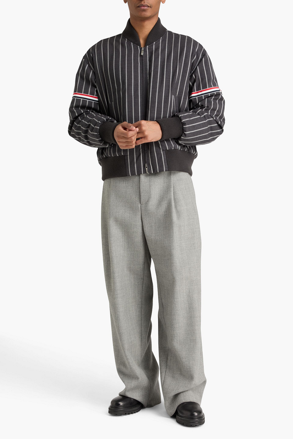 Thom Browne Striped Wool Down Bomber Jacket In Black