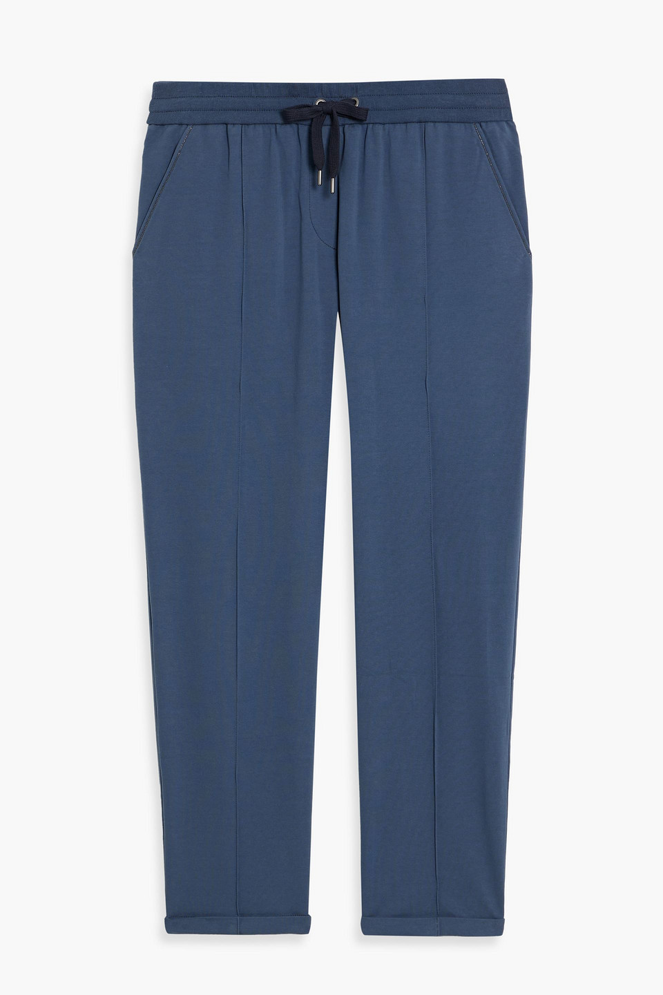 brunello cucinelli - bead-embellished french cotton-blend terry track pants - blue - 4xl