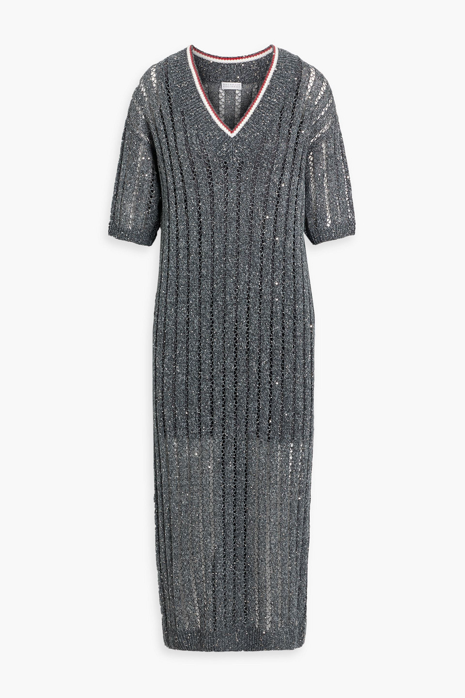 Brunello Cucinelli Sequin-embellished Open-knit Linen-blend Midi Dress In Gray