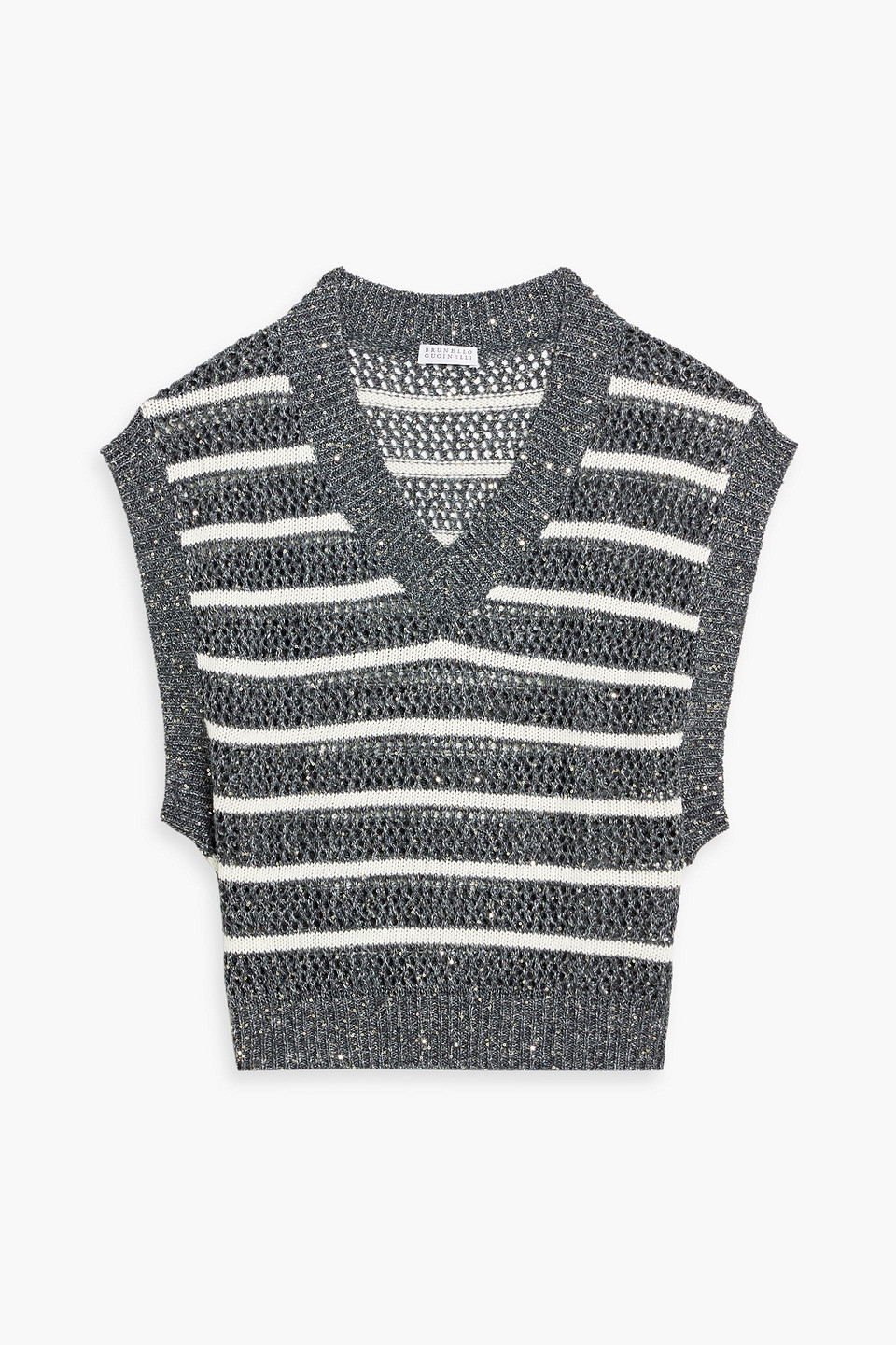 brunello cucinelli - sequin-embellished striped open-knit linen-blend vest - gray - xl