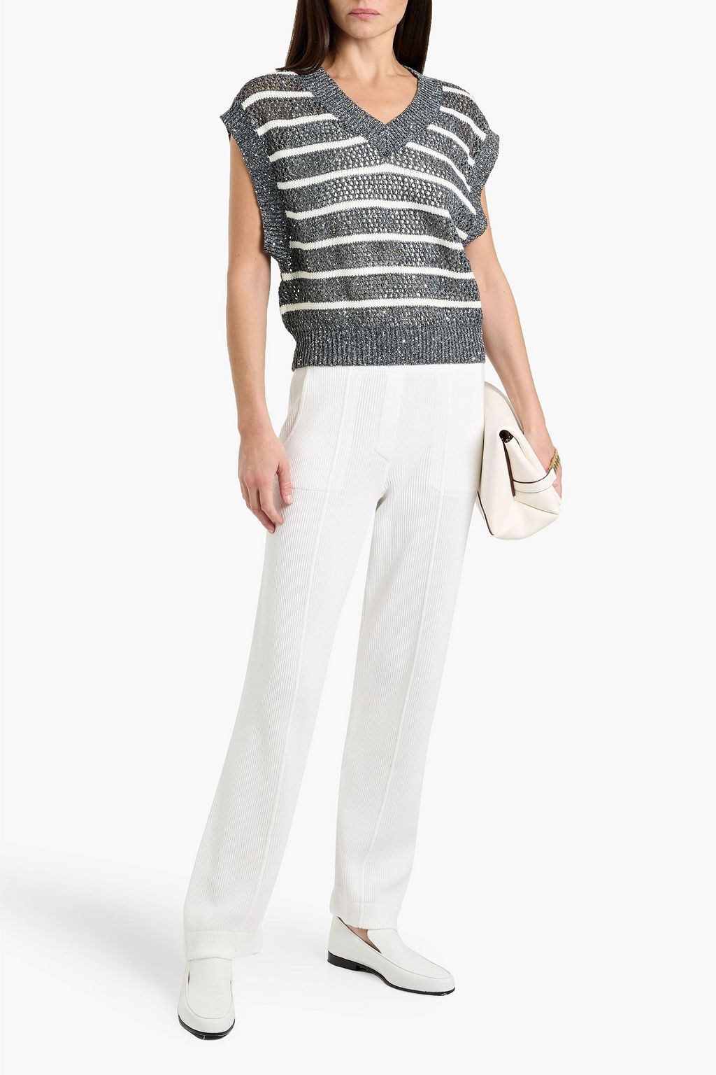 BRUNELLO CUCINELLI Sequin-embellished striped open-knit linen