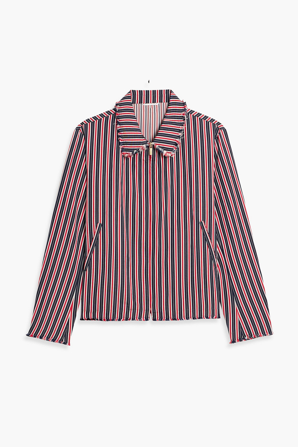 thom browne - frayed striped silk and cotton-blend jacket - red - 4