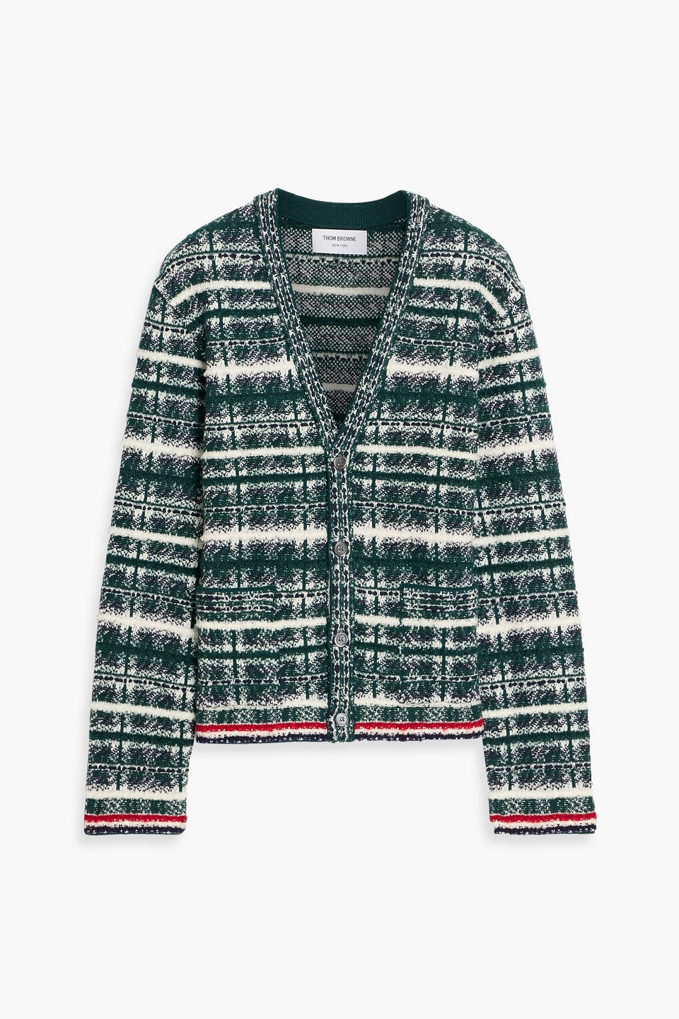 thom browne - checked jacquard-knit wool-blend cardigan - green - 3