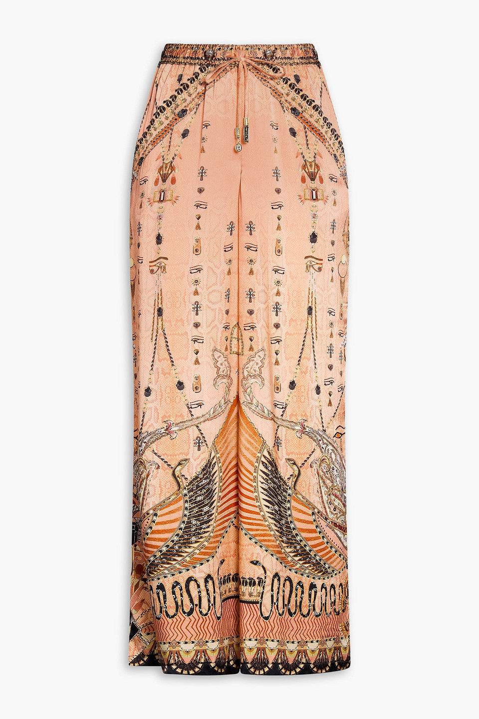 Camilla Printed Embellished Silk-satin Wide-leg Trousers In Orange