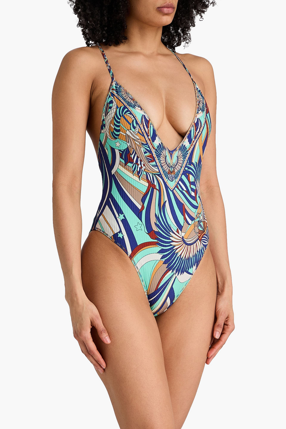  Camilla - Gerippter Badeanzug Mit Print - Grün - Uk 8 