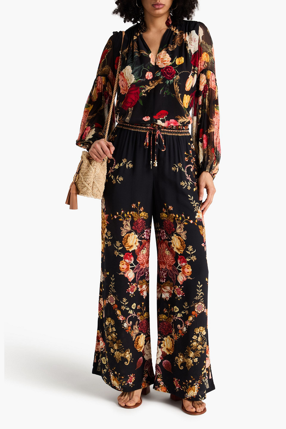  Camilla - Bluse Aus Crêpe De Chine Aus Seide Und Krepon Mit Floralem Print Und Kristallverzierung - Schwarz - Xs 