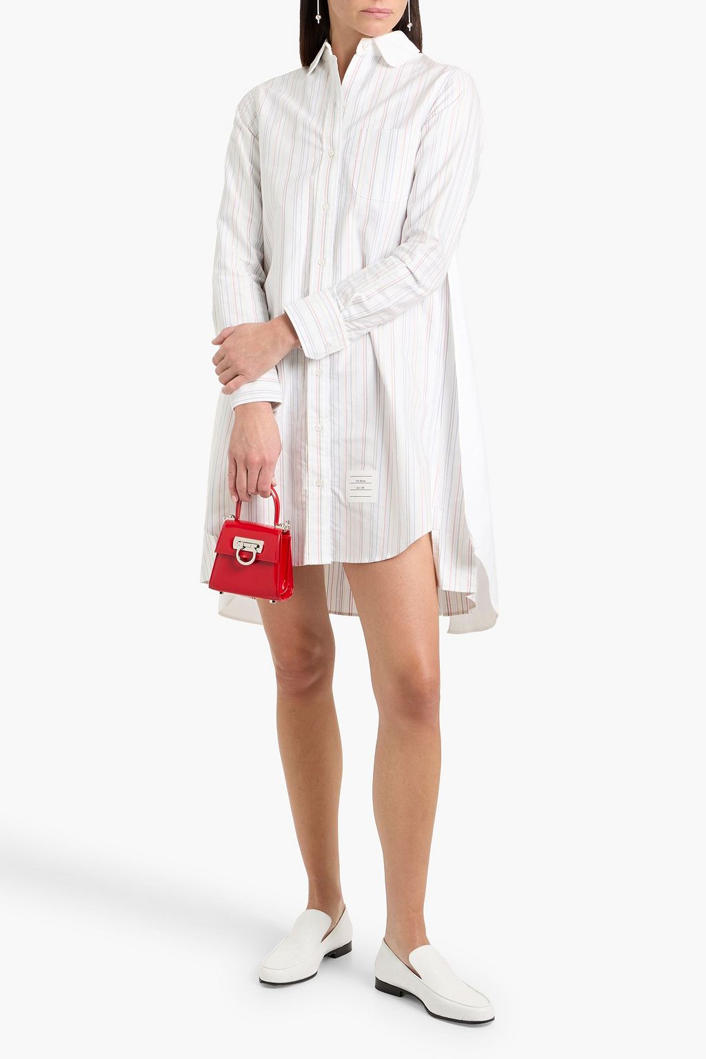 thom browne shirt dress THOM BROWNE Appliqud striped cotton-blend tweed mini dress
