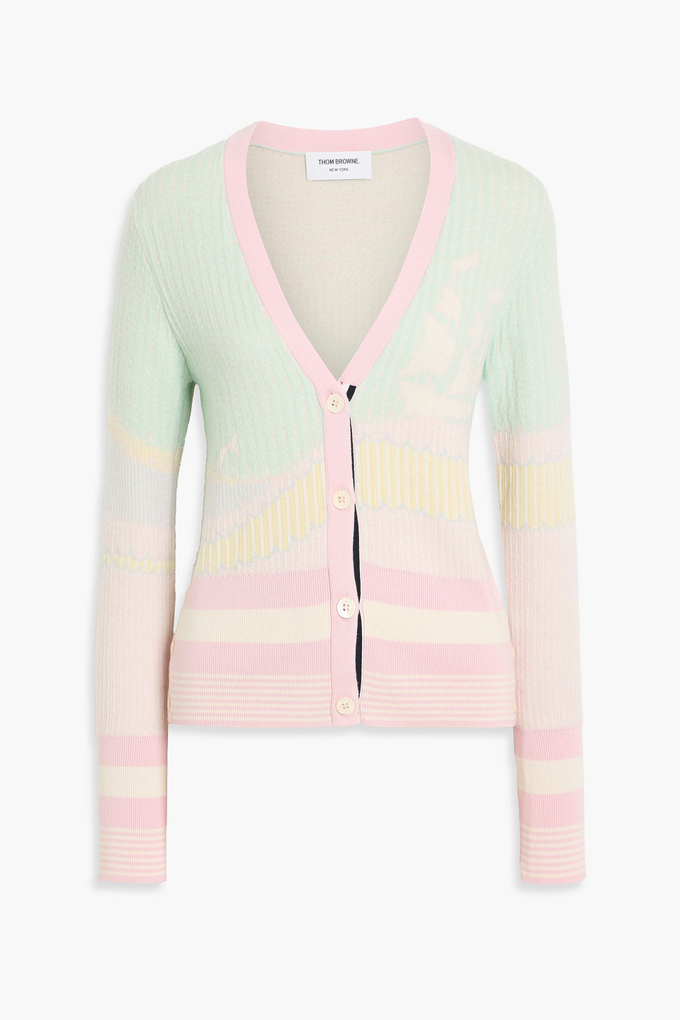 Thom Browne Striped Jacquard-knit Cashmere Cardigan In Pink