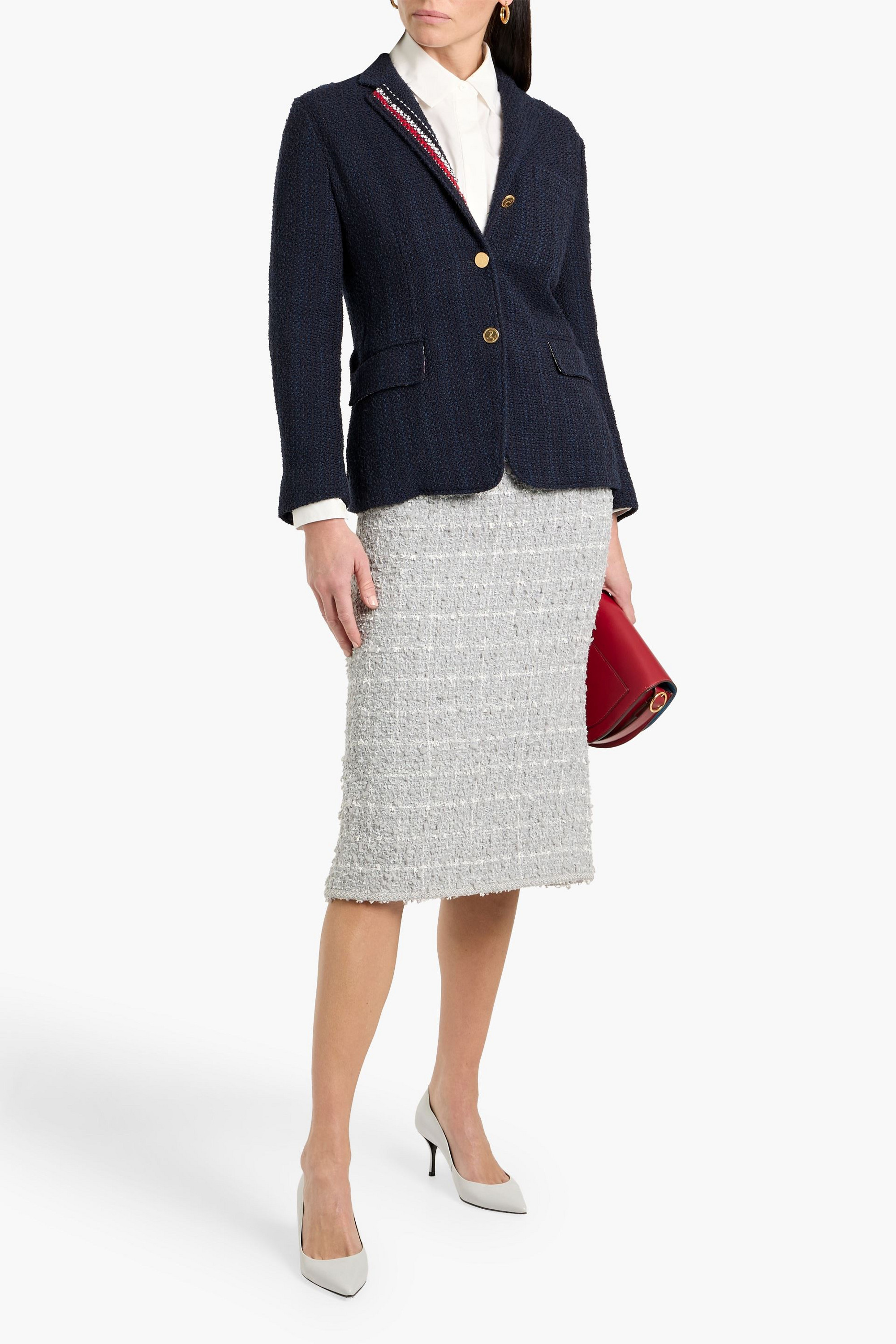 Thom Browne Bead-embellished wool-blend tweed midi pencil skirt