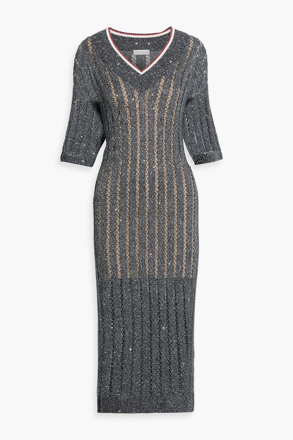 Brunello Cucinelli Sequin-embellished Open-knit Linen-blend Midi Dress In Gray