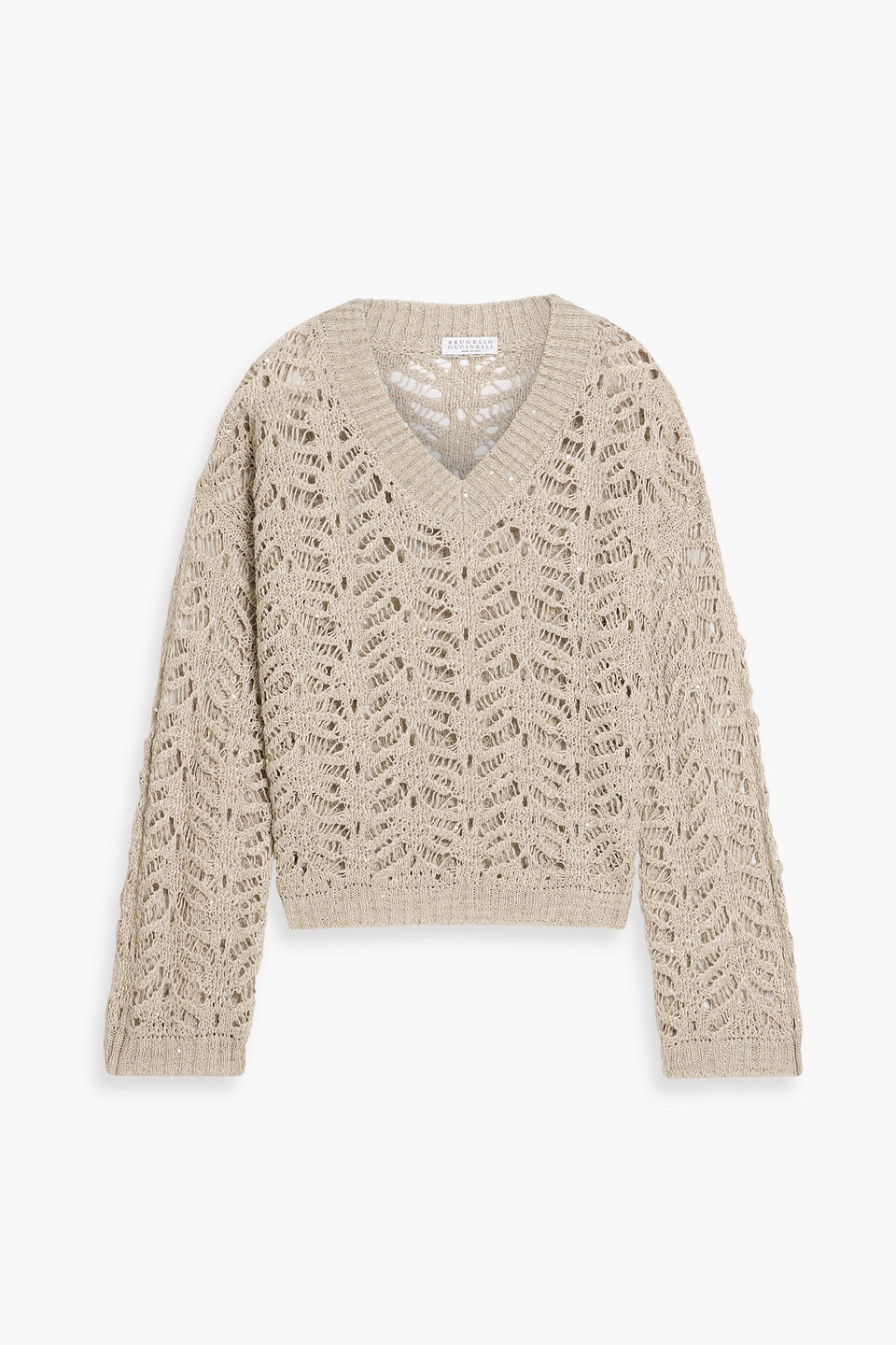 Brunello Cucinelli Sequin-embellished Crochet-knit Linen-blend Sweater In Brown