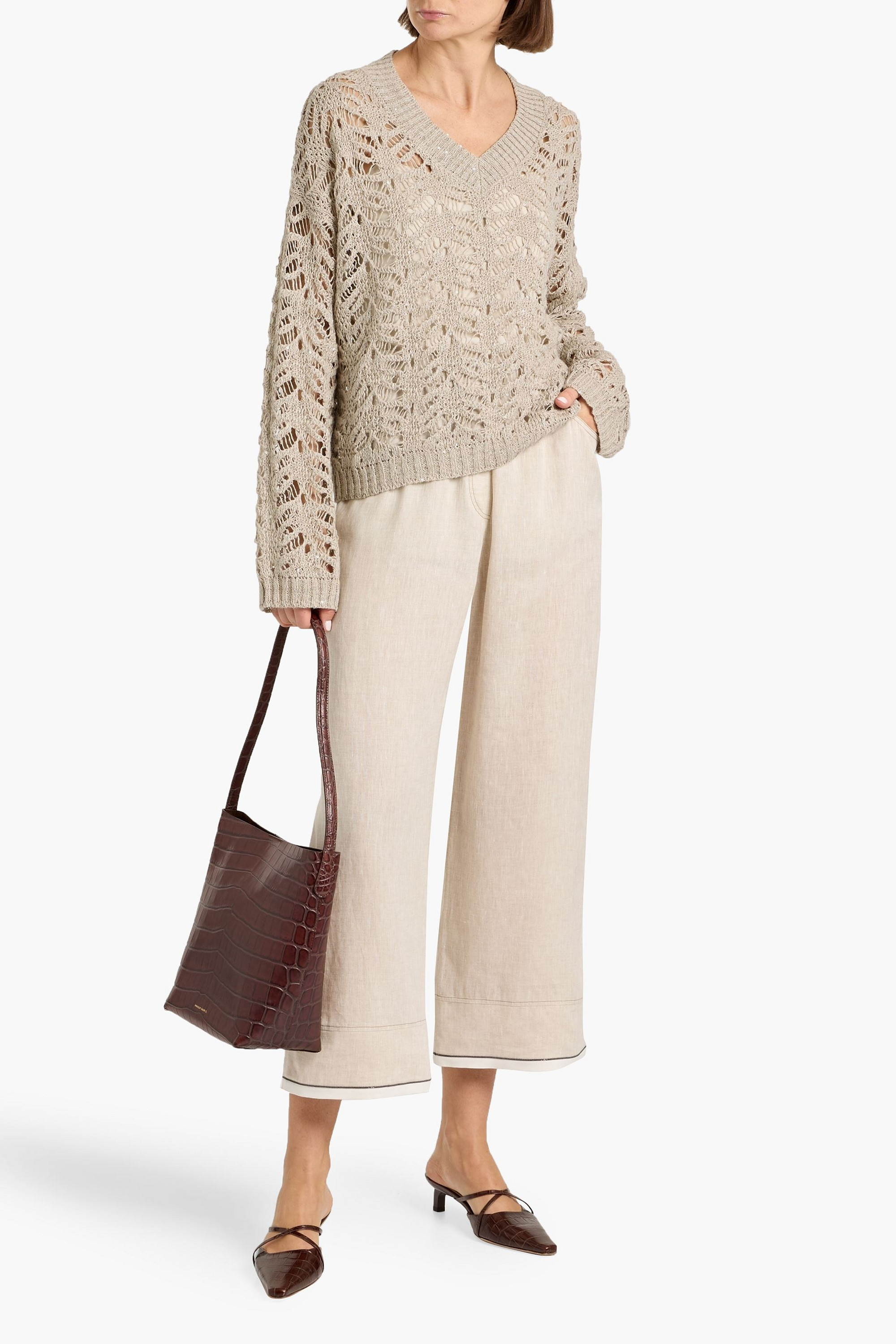 Brunello Cucinelli Sequin-embellished crochet-knit linen-blend sweater
