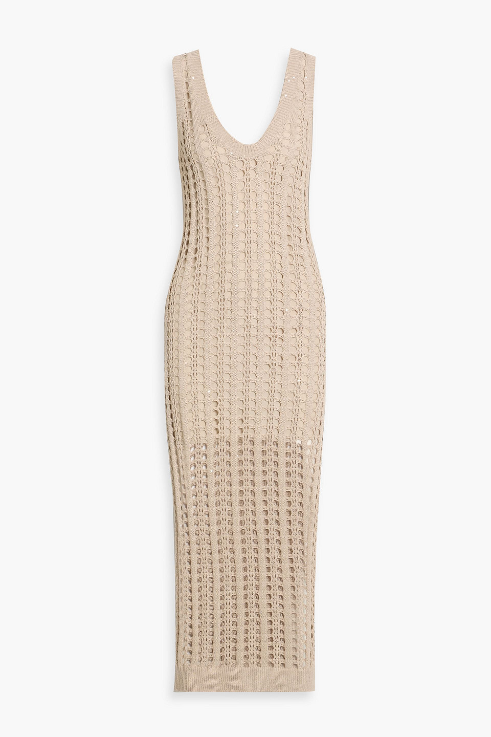 Brunello Cucinelli Sequin-embellished Open-knit Cotton, Linen And Silk-blend Maxi Dress In Brown