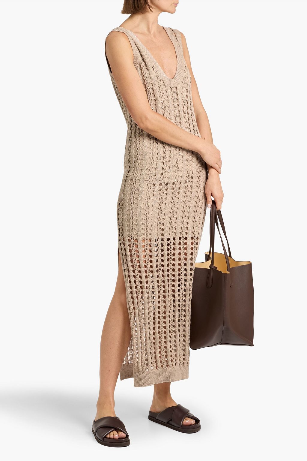 Sequin-embellished open-knit cotton, linen and silk-blend maxi dress - beige - L Sequin-embellished open-knit cotton, linen and silk-blend maxi dress - beige - L