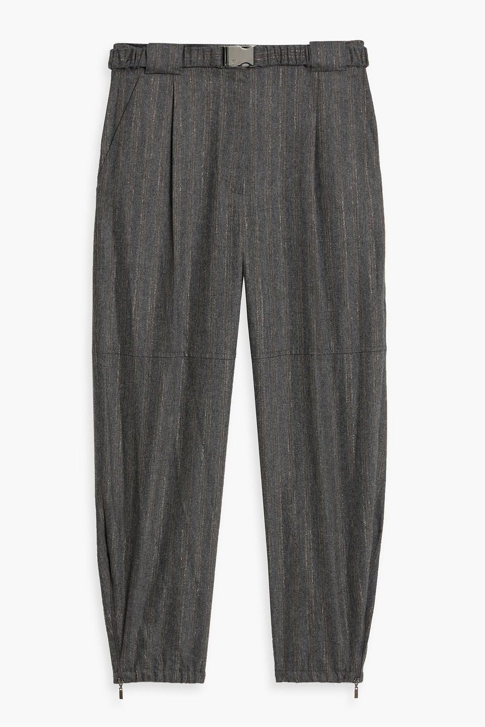 Brunello Cucinelli Cropped Belted Metallic Striped Flannel Tapered Pants In Gray