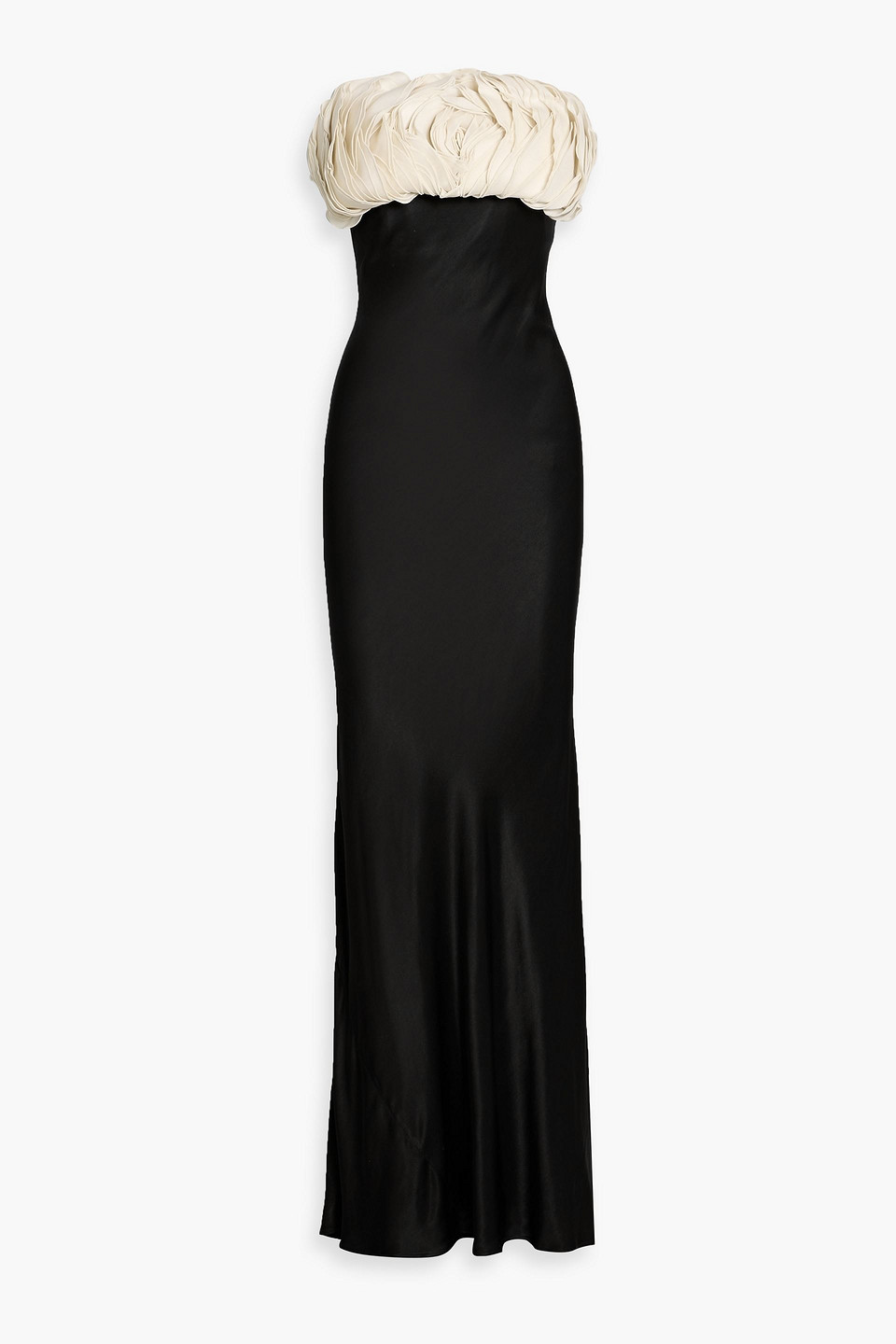Rachel Gilbert Fiorelle Strapless Floral-appliquéd Satin Gown In Black