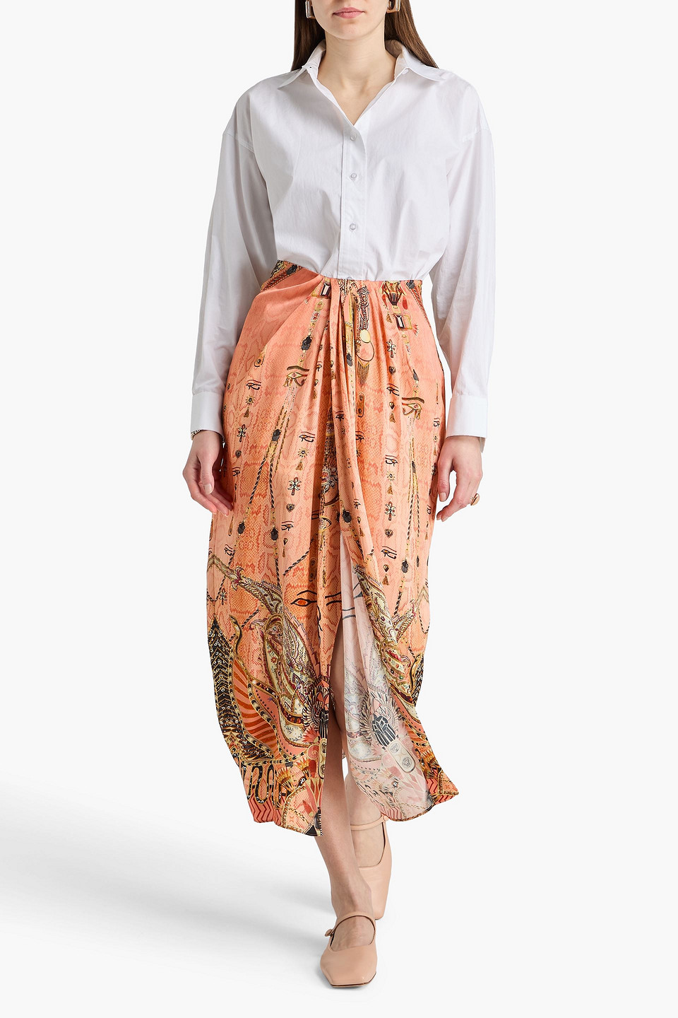  Camilla - Wrap-effect Printed Silk-satin Maxi Skirt - Orange - M 