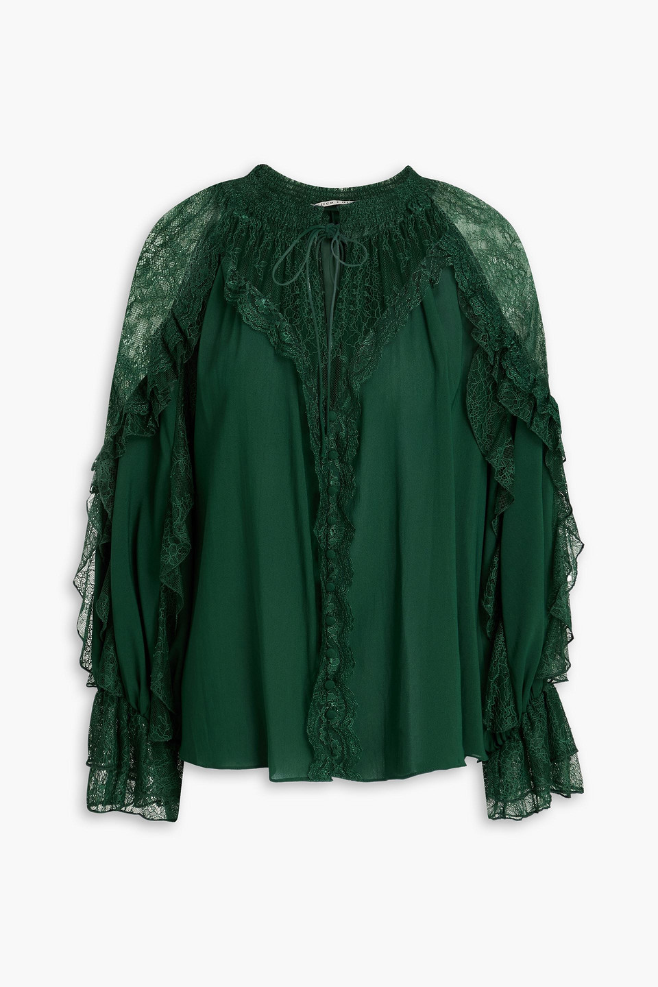 alice olivia - aleena corded lace-paneled crepe de chine blouse - green - xs
