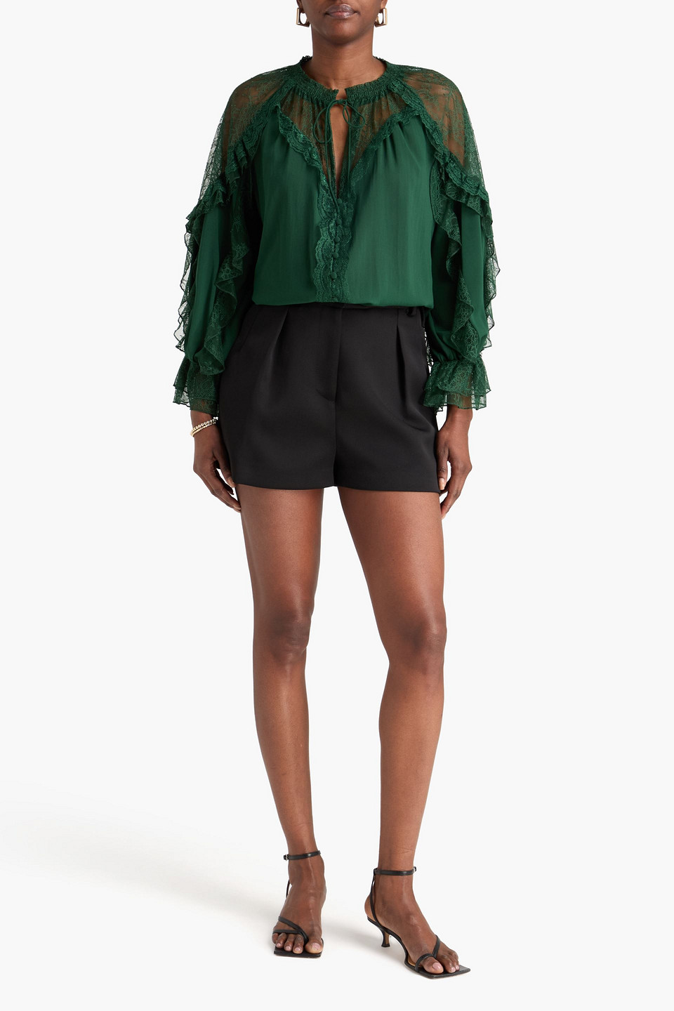  Alice Olivia - Bluse „aleena“ Aus Crêpe De Chine Mit Einsätzen Aus Schnurgebundener Spitze - Grün - Xs 