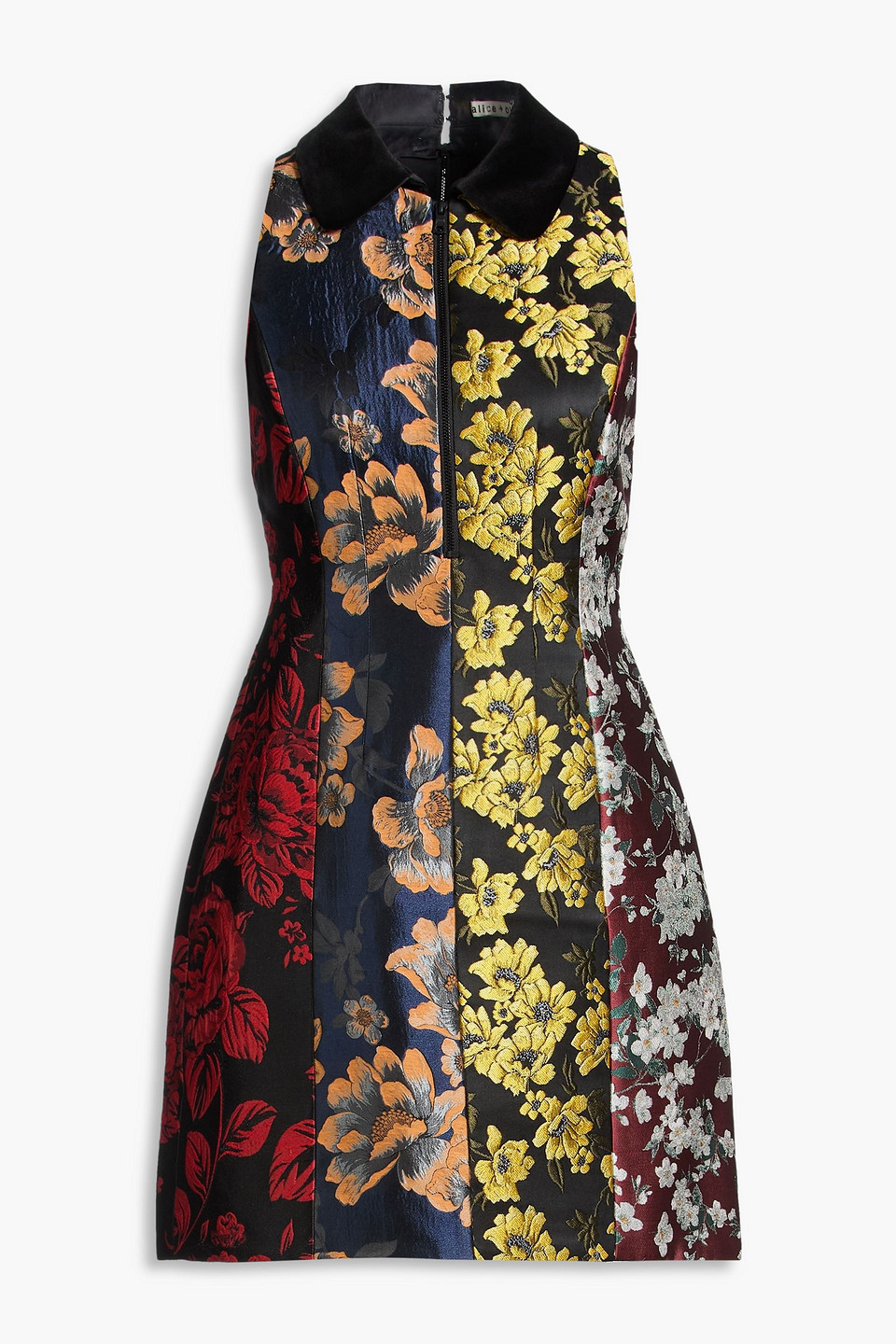 alice olivia - velia velvet-trimmed floral brocade mini dress - multicolor - us 12