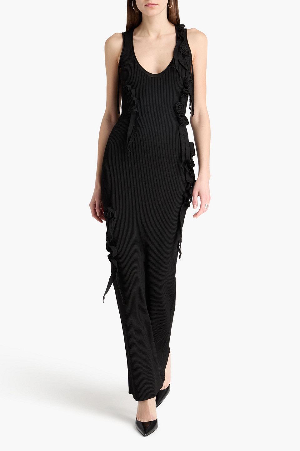  Coperni - Maxikleid Aus Rippstrick Mit Floralen Applikationen - Schwarz - L 