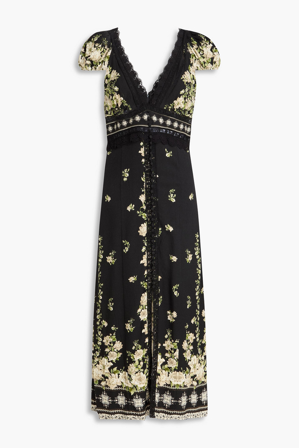 alice olivia - lace-trimmed floral-print crepe midi dress - black - us 4