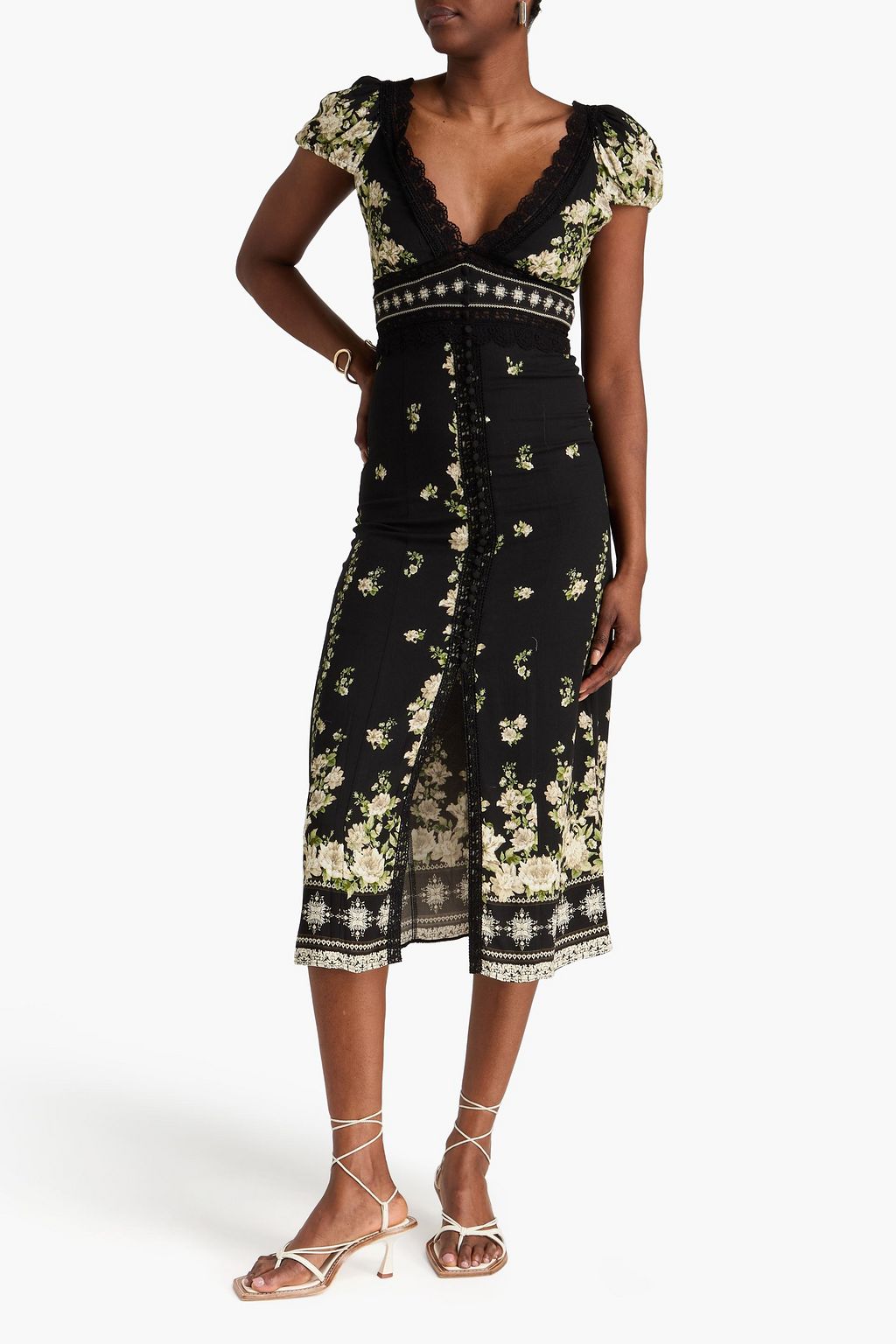 ALICE + OLIVIA Lace-trimmed floral-print crepe midi dress | THE OUTNET